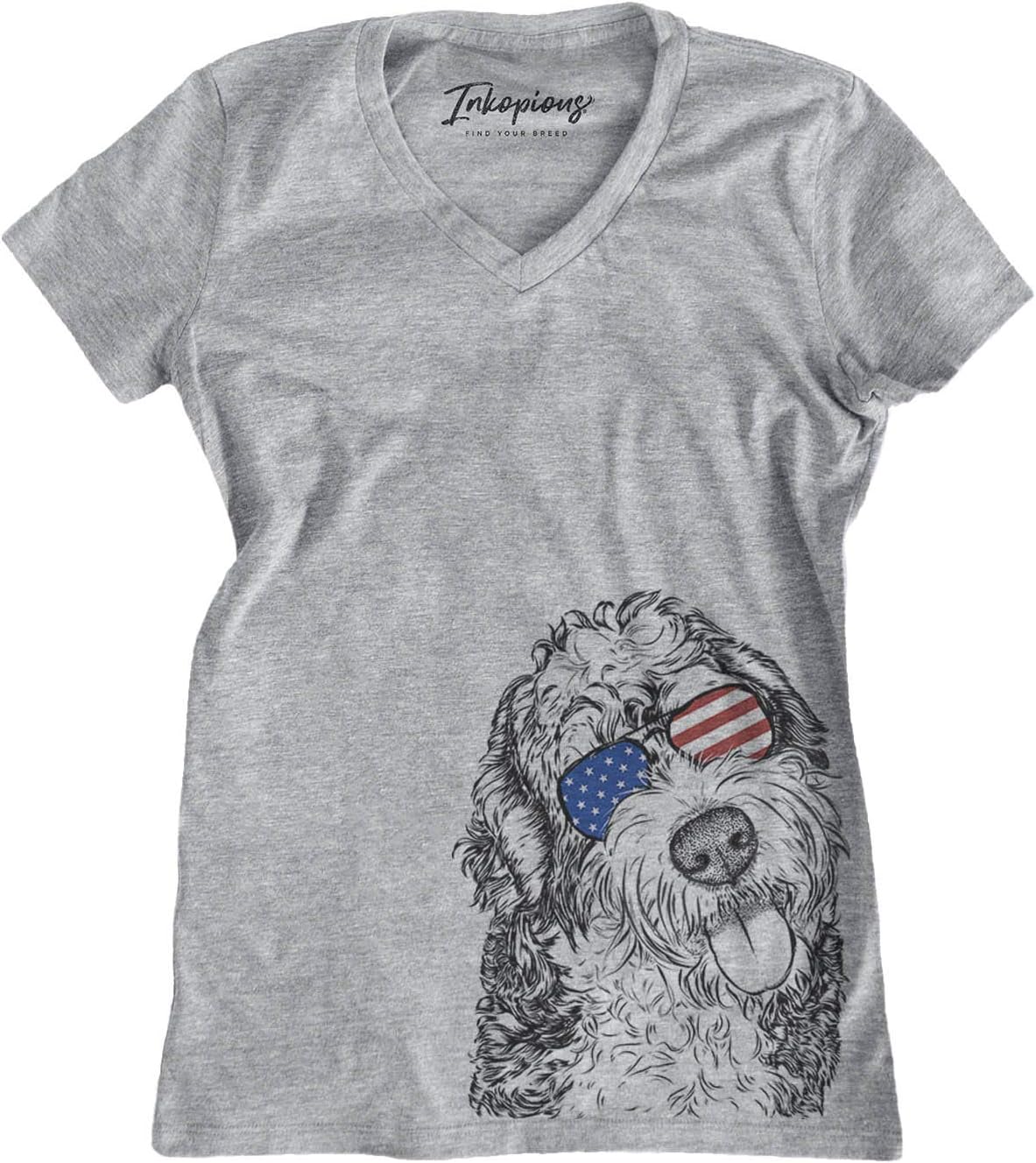 Inkopious Patriotic Kaci the Bernedoodle Dog Triblend T-Shirt - Grey Modern V-neck