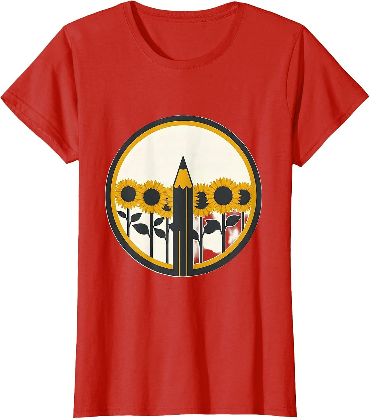 Spanish Teacher Sunflower Field Pencil Illustration T-Shirt - Red