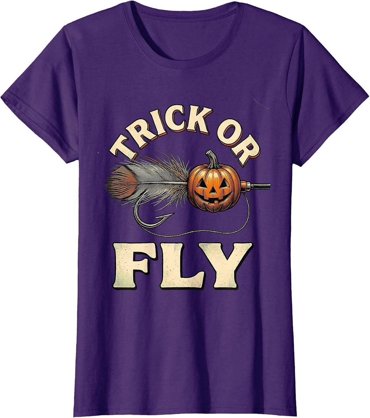 Women's Trick Or Fly Vintage Spooky Halloween Fishing Angler T-Shirt - Purple