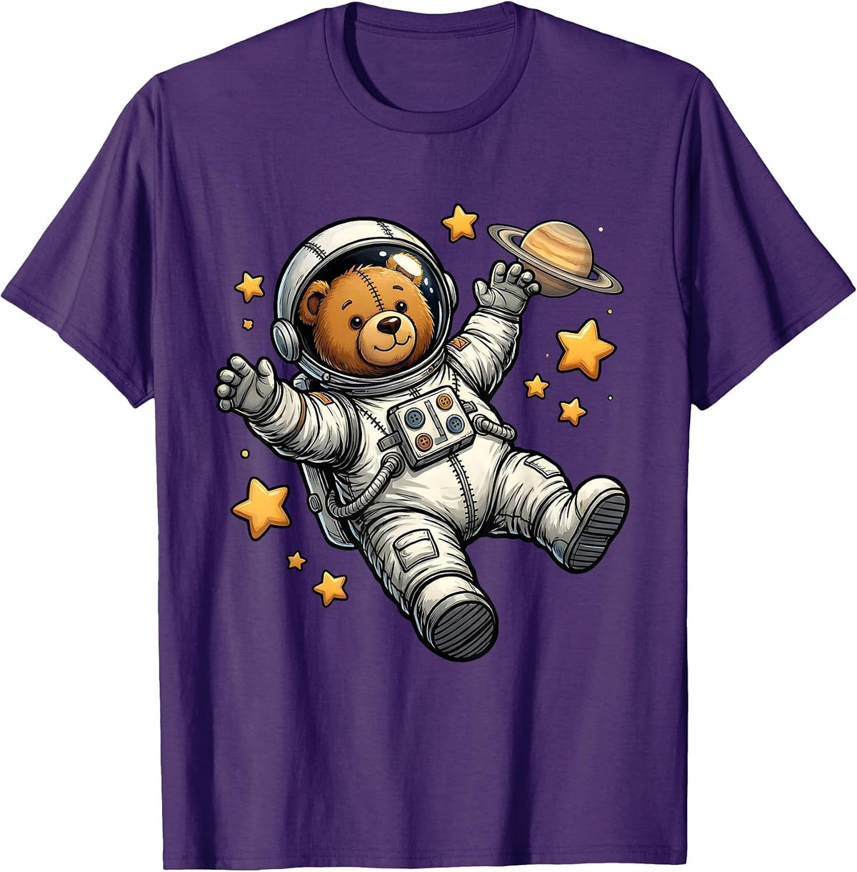 Teddy Bear Astronaut Floating in Outer Space T-Shirt - Purple