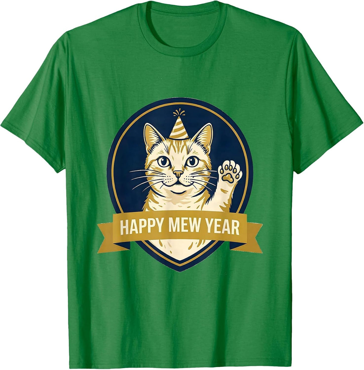 Men's Happy Mew Year Funny Cat Lover Humor New Year Emblem T-Shirt - Kelly Green