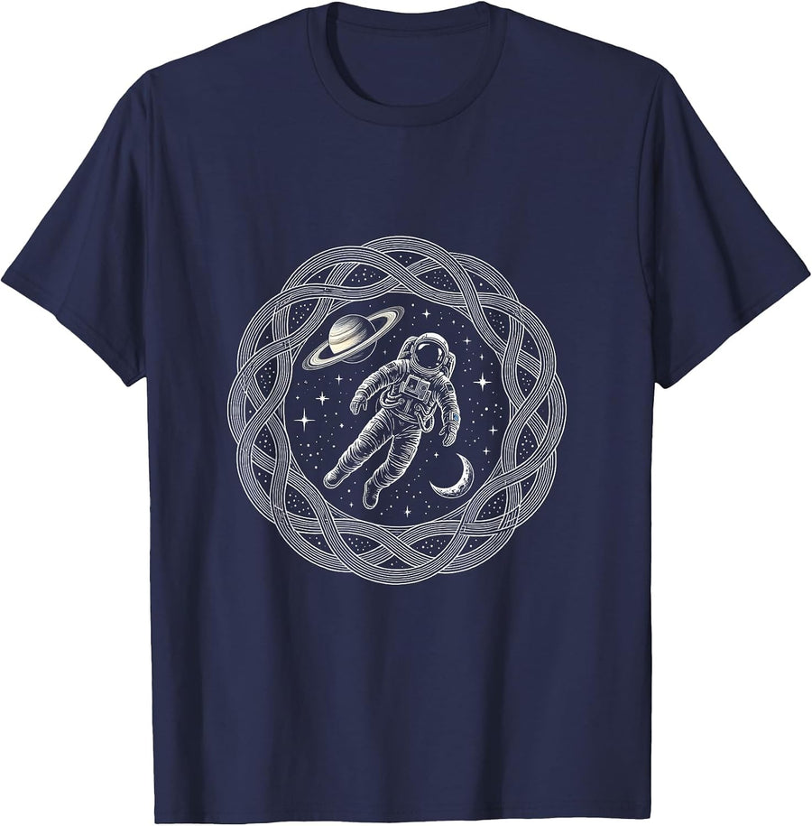 Astronaut Floating Among Planets and Stars T-Shirt - Navy Blue