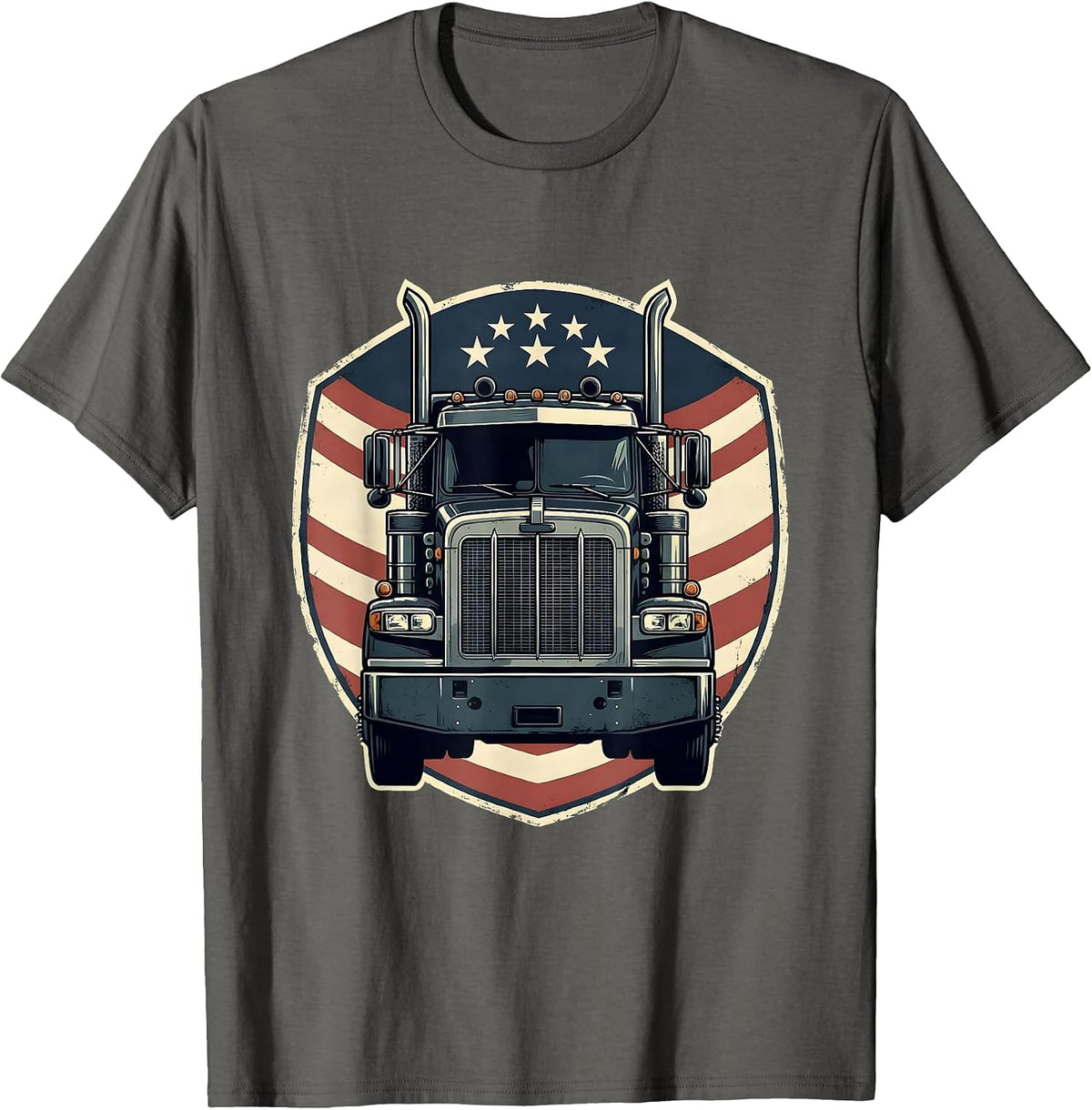 Men's Semi Truck Crest American Flag Patriotic Driver T-Shirt - Asphalt Grey