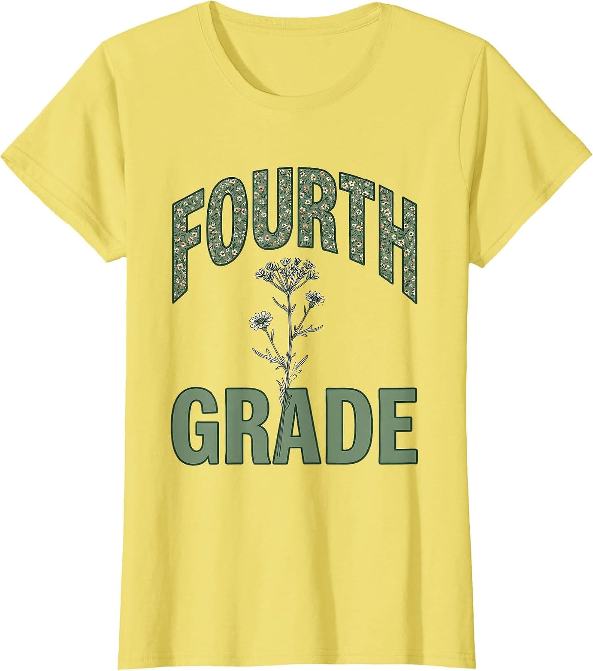 Women's Fourth Grade Boho Minimalist Teacher Wildflower Back T-Shirt - Lemon Yellow