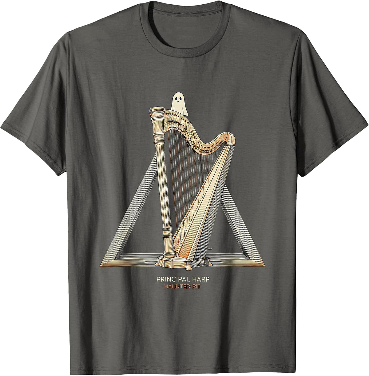 Men's Principal Harp Haunted Pit Whimsical Music Teacher Halloween T-Shirt - Asphalt Grey