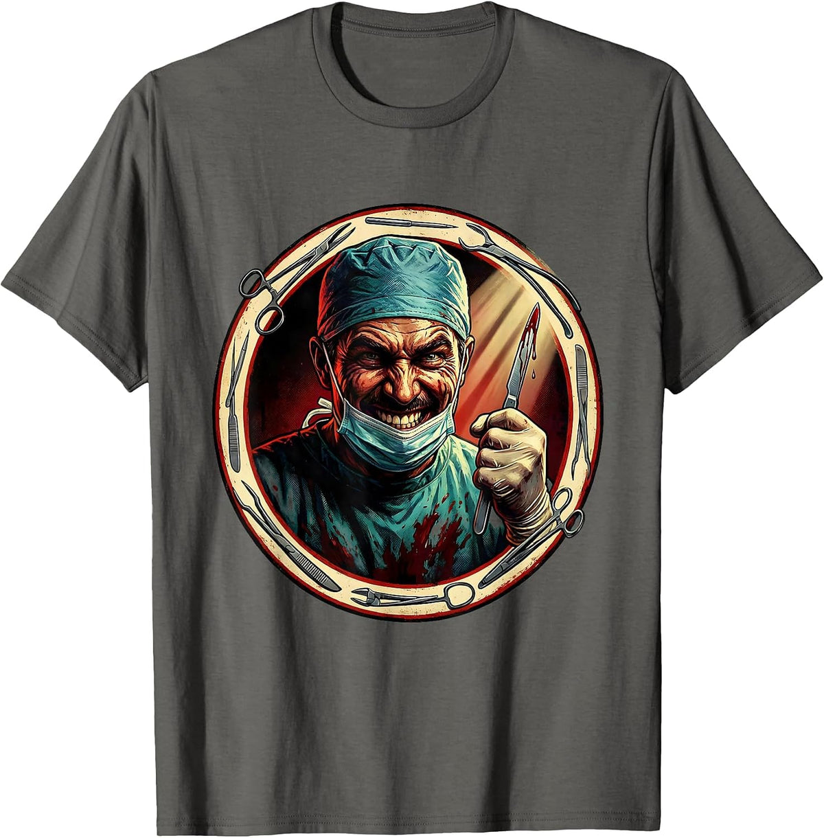 Men's Grinning Surgeon Bloody Scalpel Graphic Design T-Shirt - Asphalt Grey