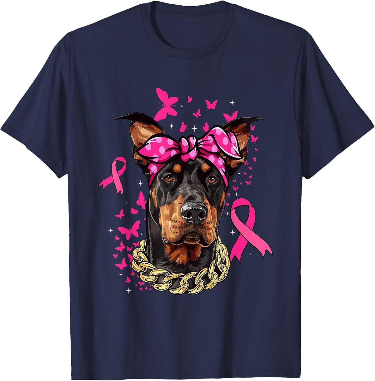 Cute Doberman Pinscher Pink Ribbon Breast Cancer Survivor T-Shirt - Navy Blue