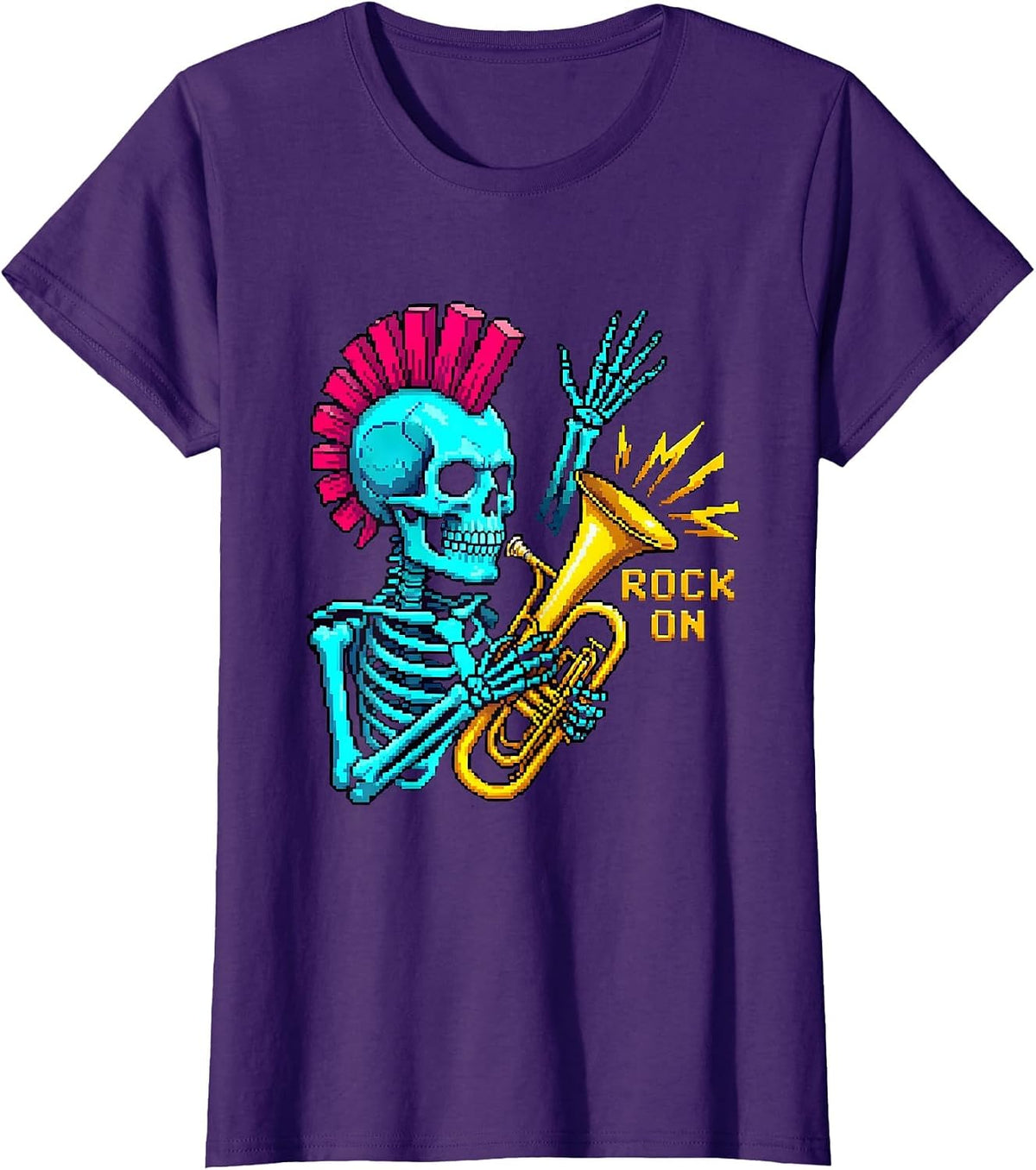 Women's Rock On Punk Skeleton Skull Halloween Music Humor T-Shirt - Purple