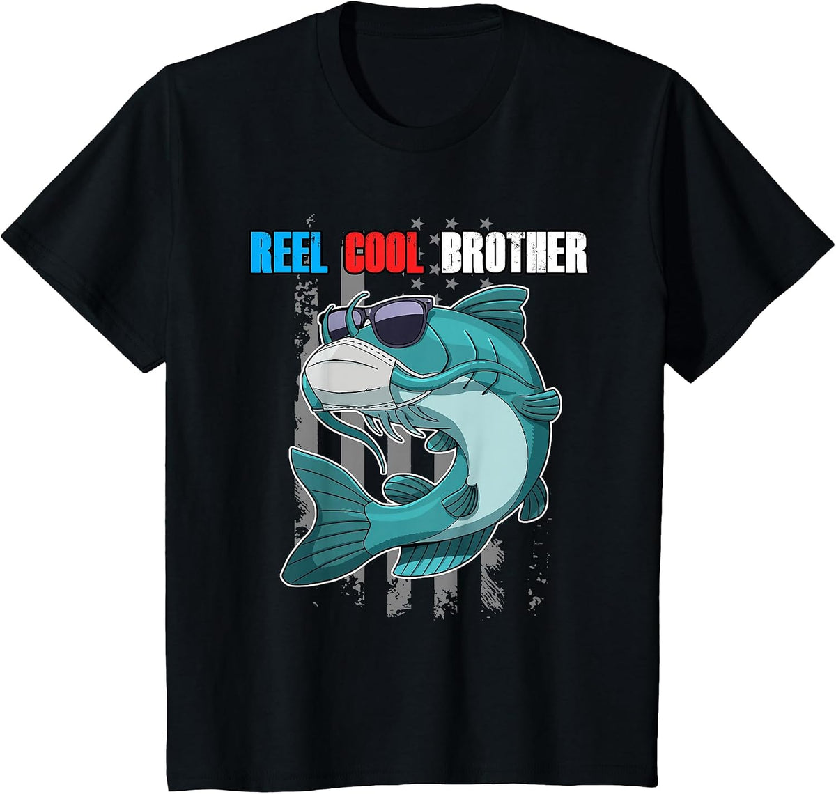 Reel Cool Brother Fish Sunglasses Facemask USA Flag Fishing T-Shirt - Black