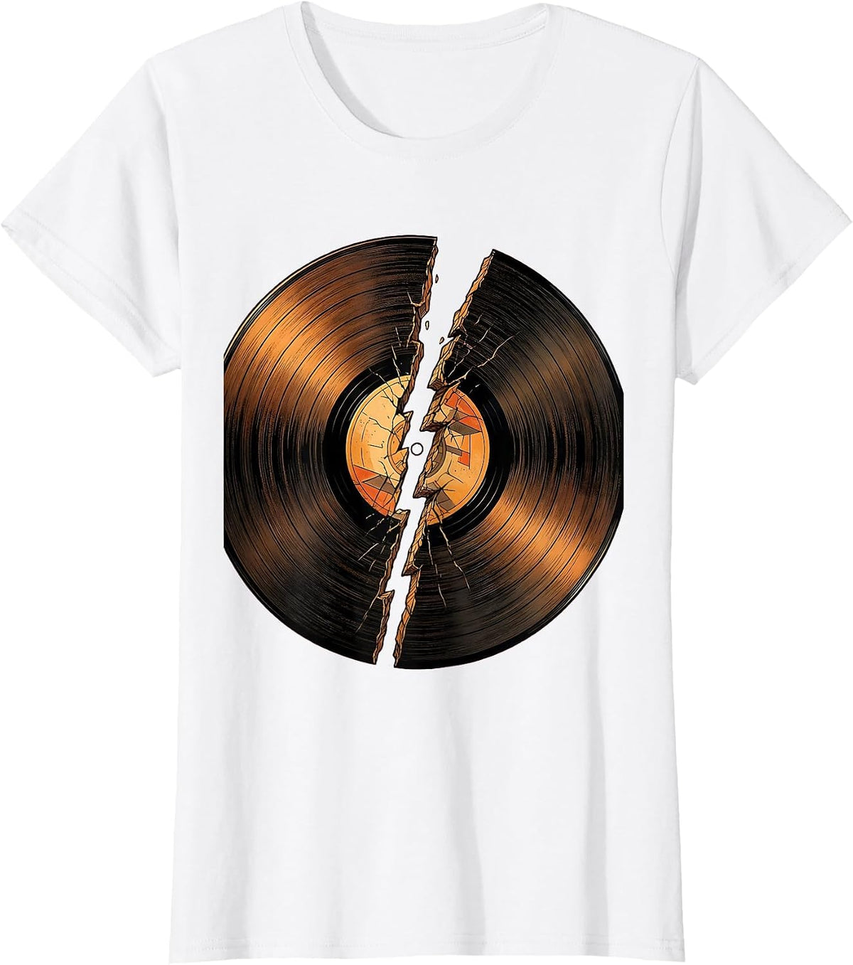 Vinyl Record Lightning Bolt Crack Rock Music Tee T-Shirt - White