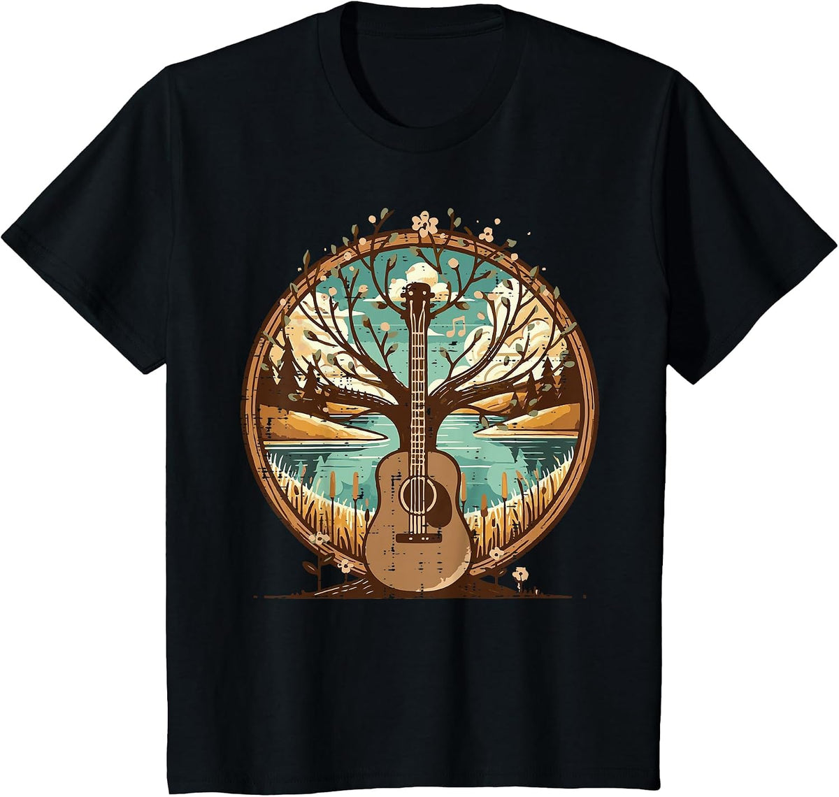 Acoustic Guitar Tree Lake Art Retro Guitarist Women Men Kids T-Shirt - Black