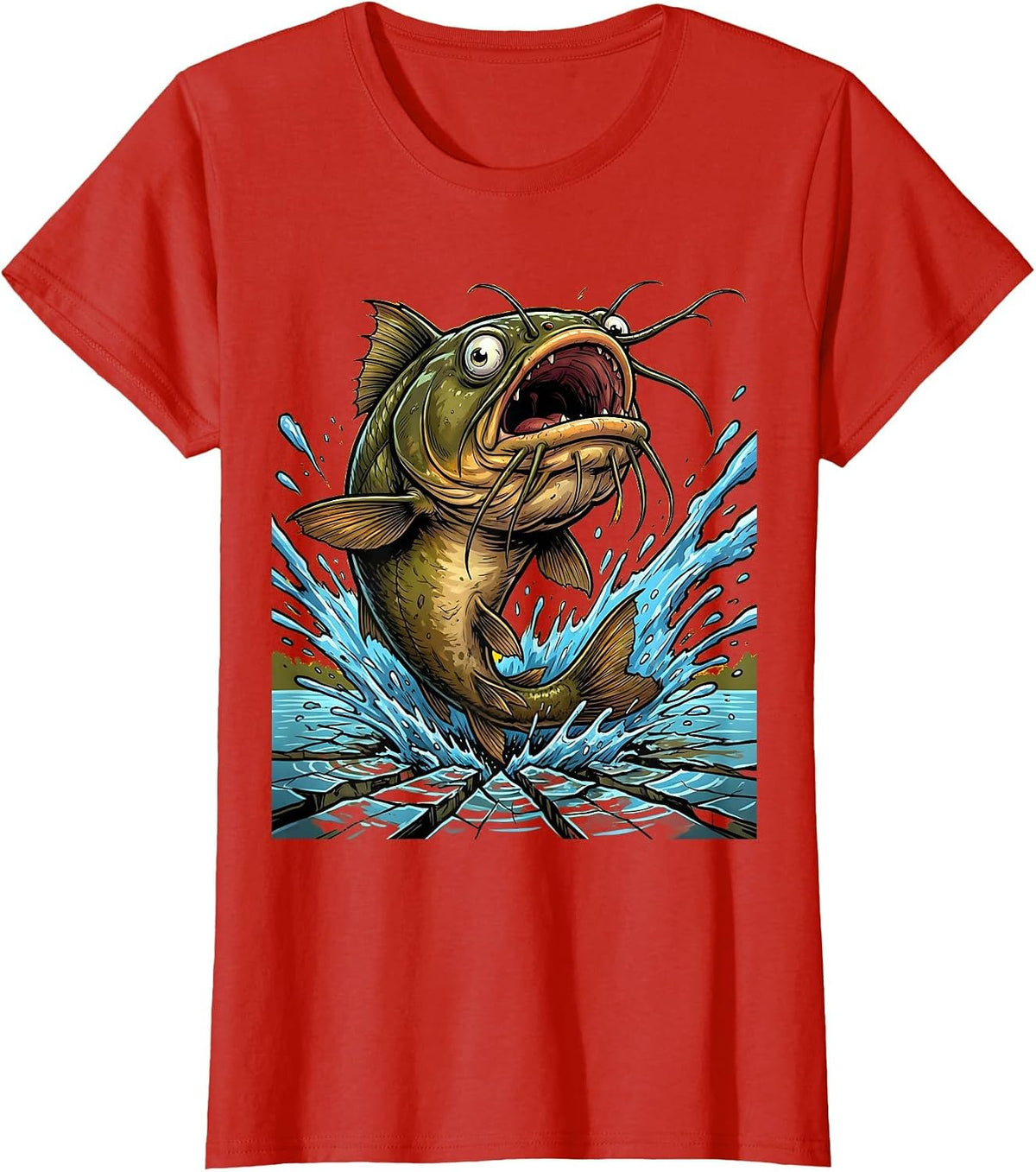 Gigantic Catfish Bursting Through Lake Surface T-Shirt - Red