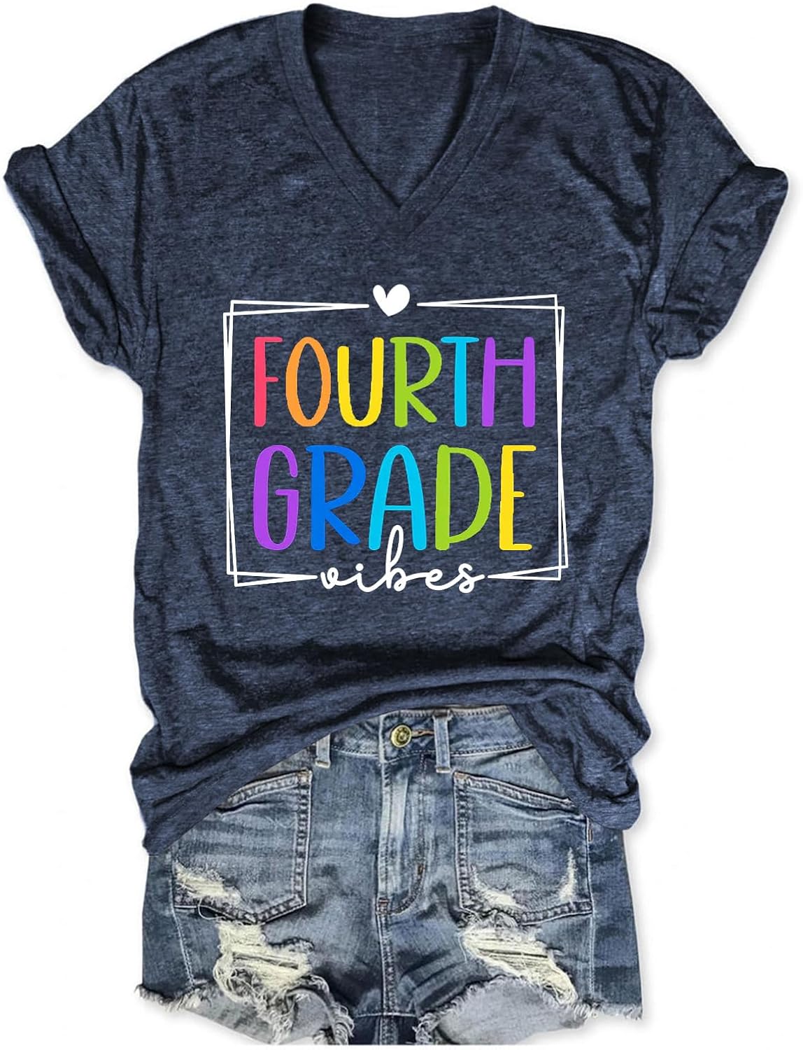 Fourth Grade Teacher T-Shirt Womens Funny Teacher Graphic Shirt Back to School Tops Casual Short Sleeve V Neck Tees - Navy