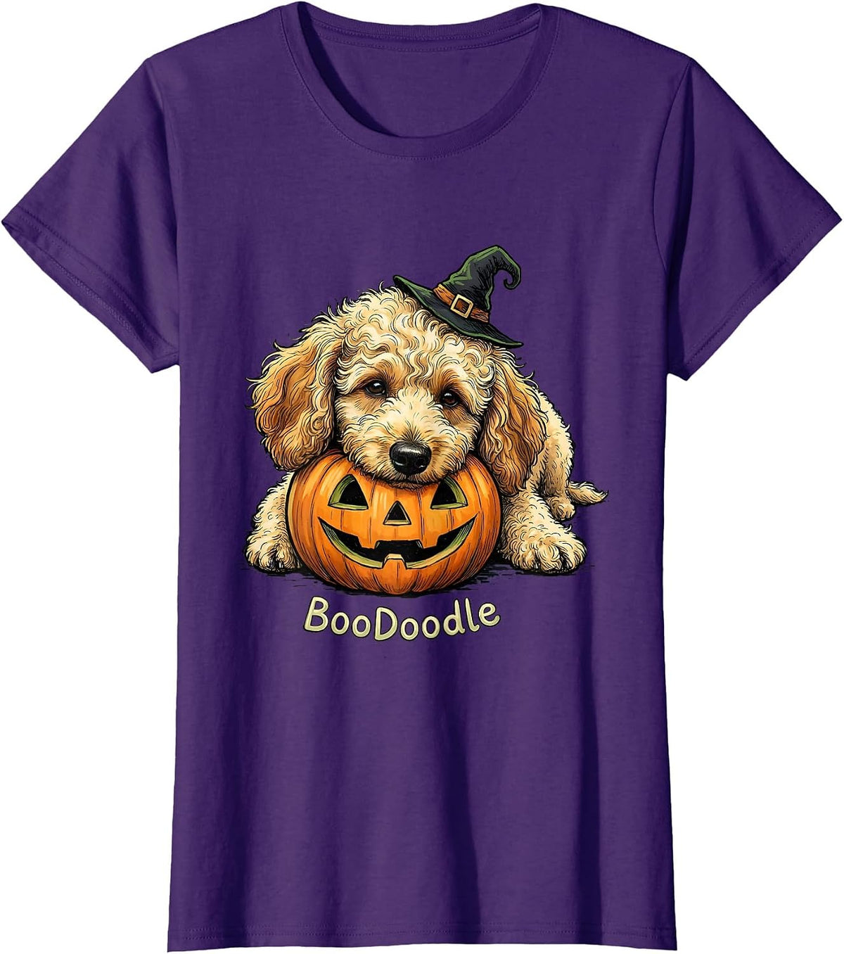 Women's BooDoodle Funny Goldendoodle Dog Halloween Costume Party T-Shirt - Purple