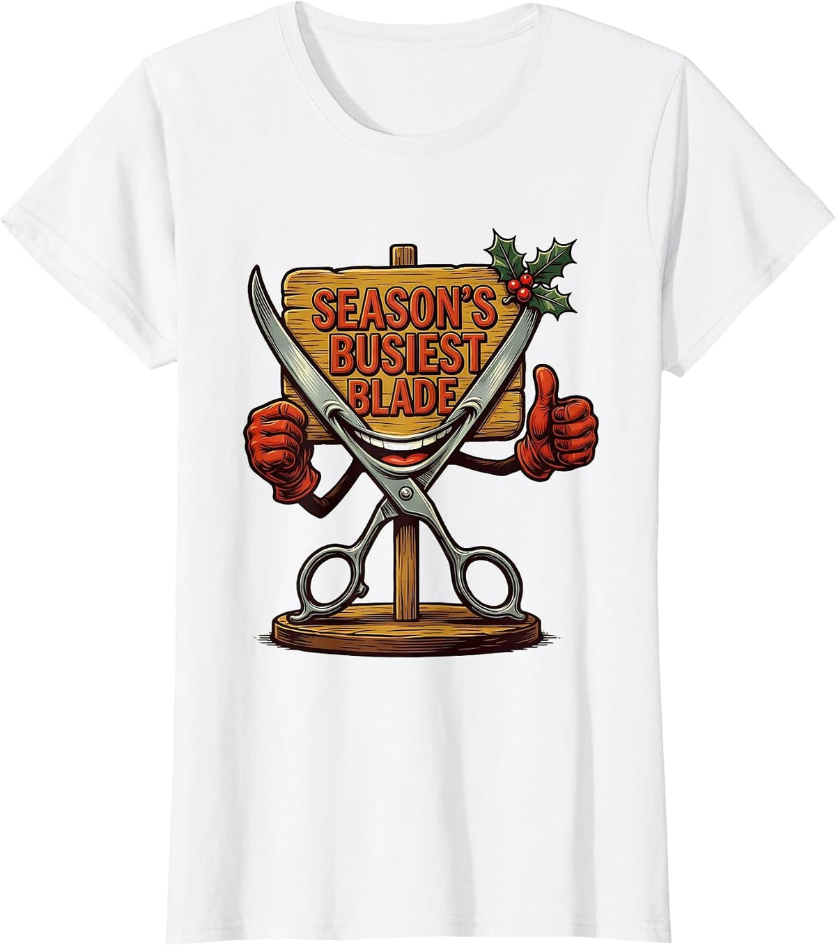 Women's Season's Busiest Blade Retro Advertising Mascot Barber Gift T-Shirt - White