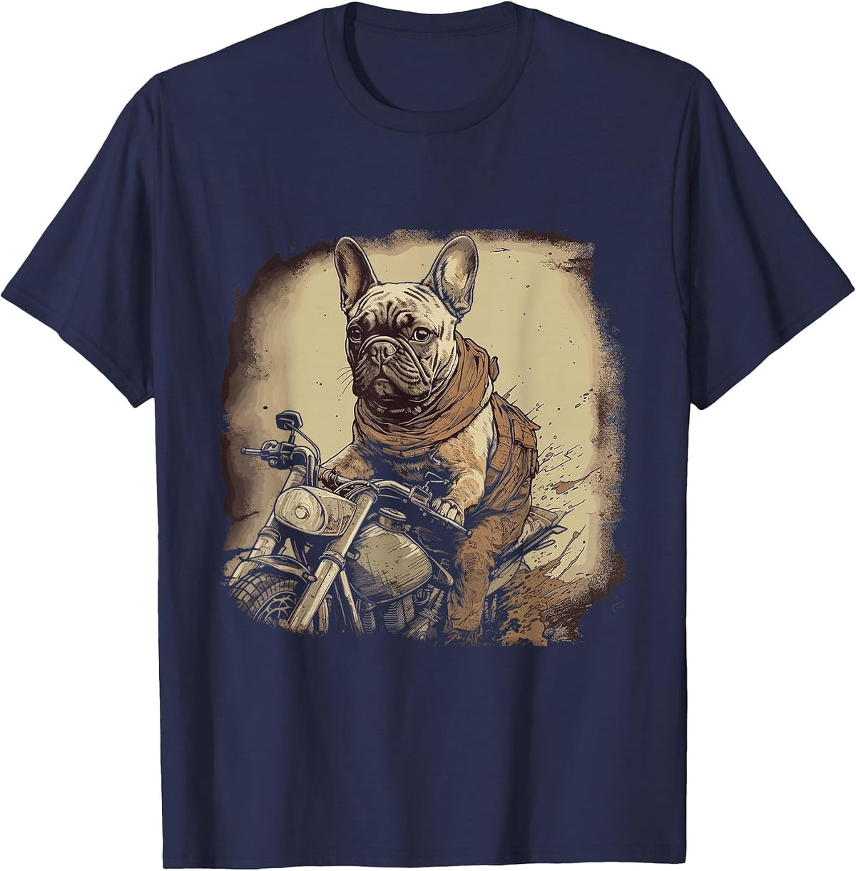 Funny Vintage French Bulldog Biker French Bulldog Motorcycle T-Shirt - Navy Blue