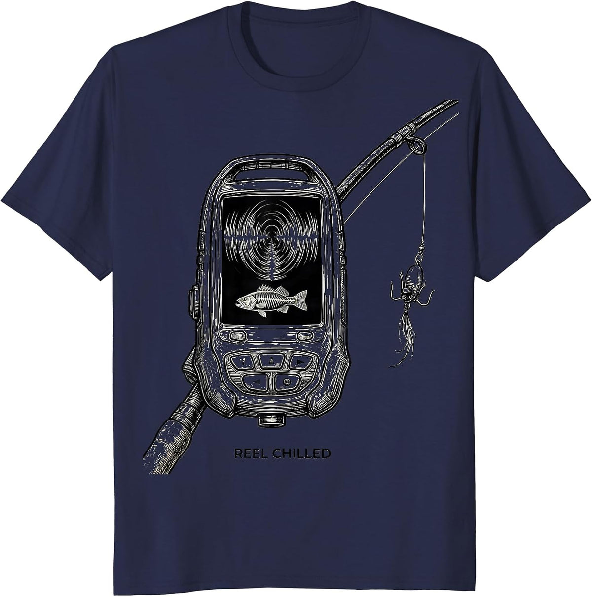Reel Chilled Line Art Spooky Halloween Fishing Ghost T-Shirt - Navy Blue