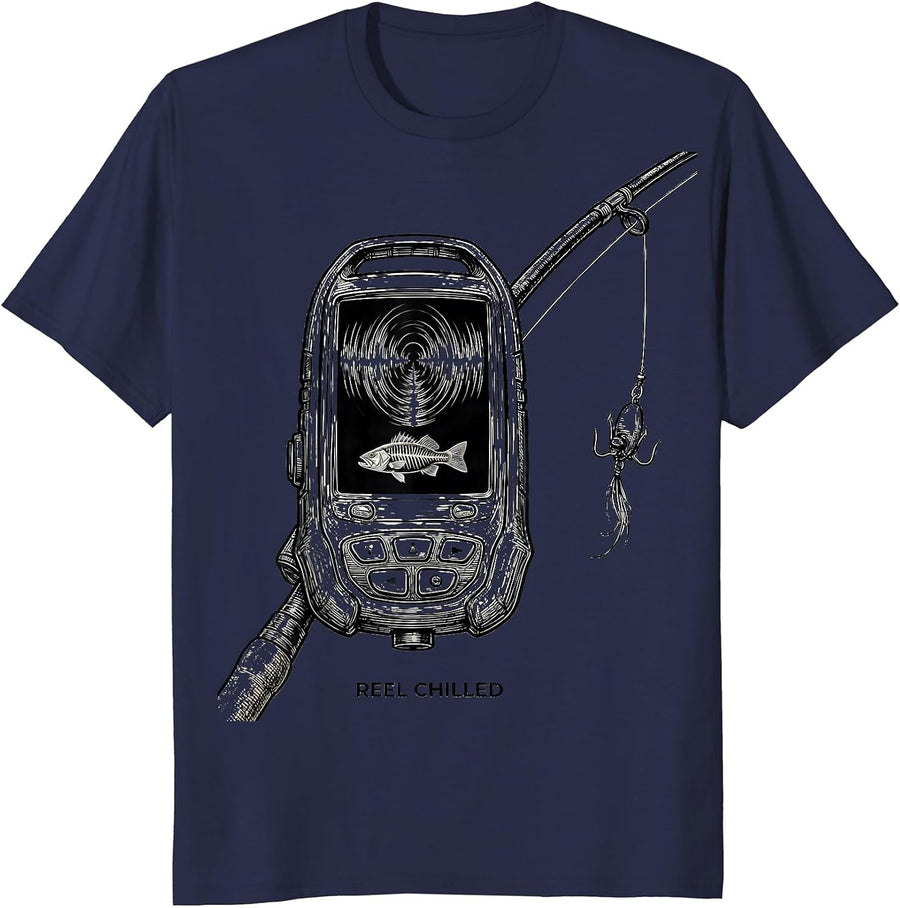 Reel Chilled Line Art Spooky Halloween Fishing Ghost T-Shirt - Navy Blue