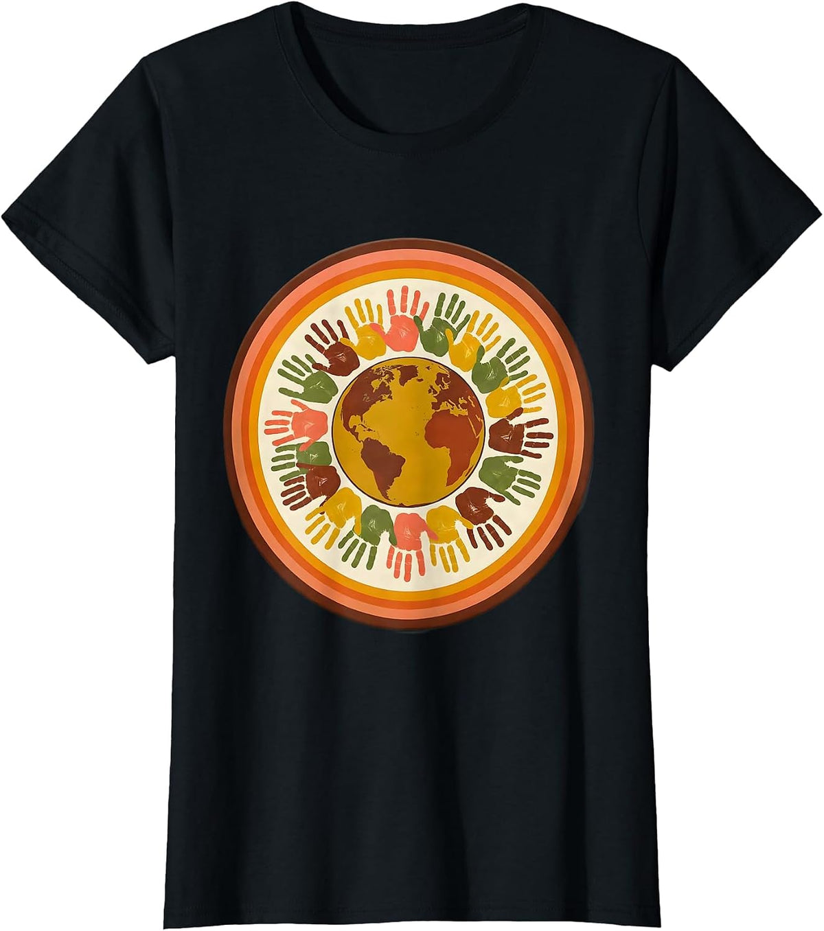 Elementary Teacher Globe Colorful Handprints Design T-Shirt - Black