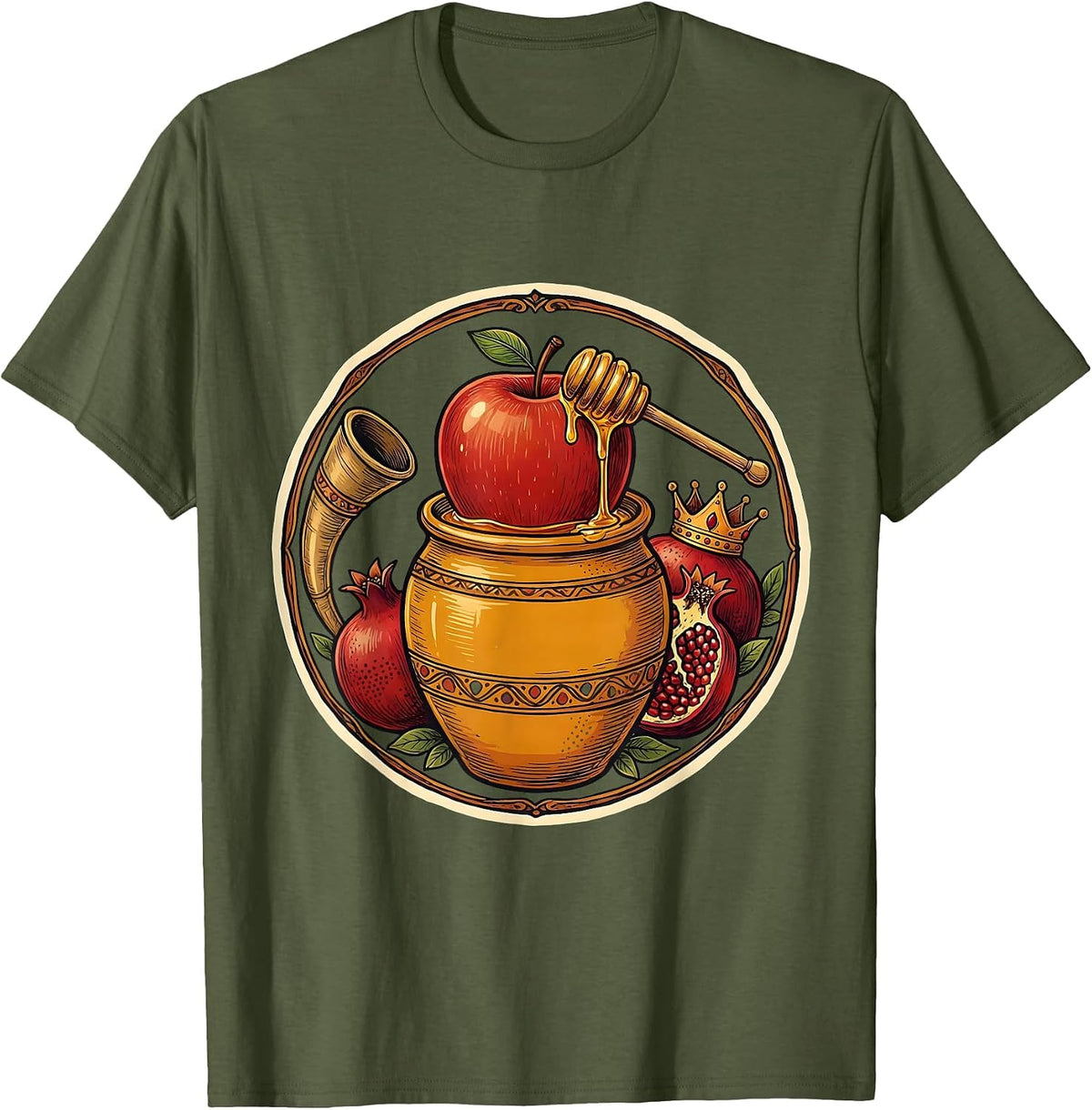 Circular Folk Apple Honey Shofar Rosh Hashanah Jewish T-Shirt - Olive Green