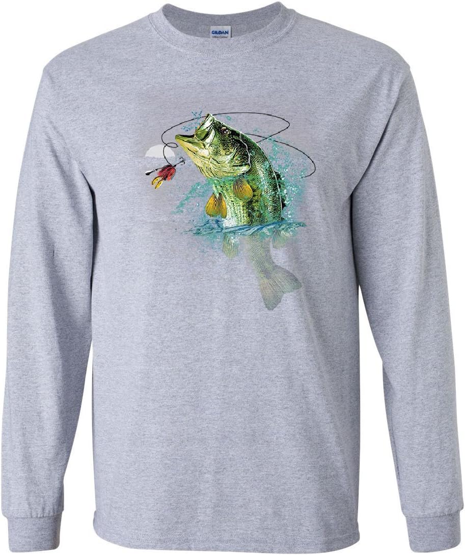 Bass Fishing Long Sleeve T-Shirt Fisherman Camping Hobby Angler Lake River Tee - Gray