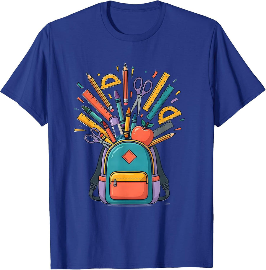 4th Grade Teacher Overflowing Backpack Illustration T-Shirt - Royal Blue