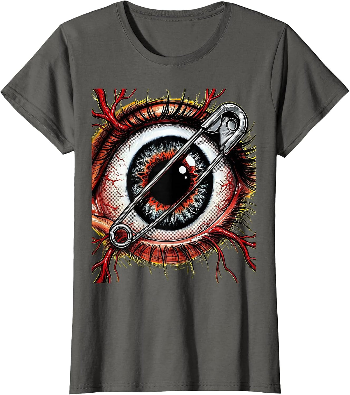 Women's Punk Eyeball Safety Pin Graphic Design T-Shirt - Asphalt Grey