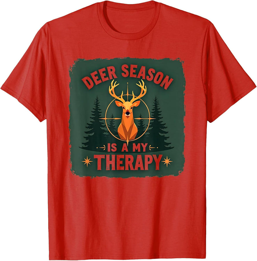 Deer Season Is My Therapy | Hunter Outdoors Gift T-Shirt - Red