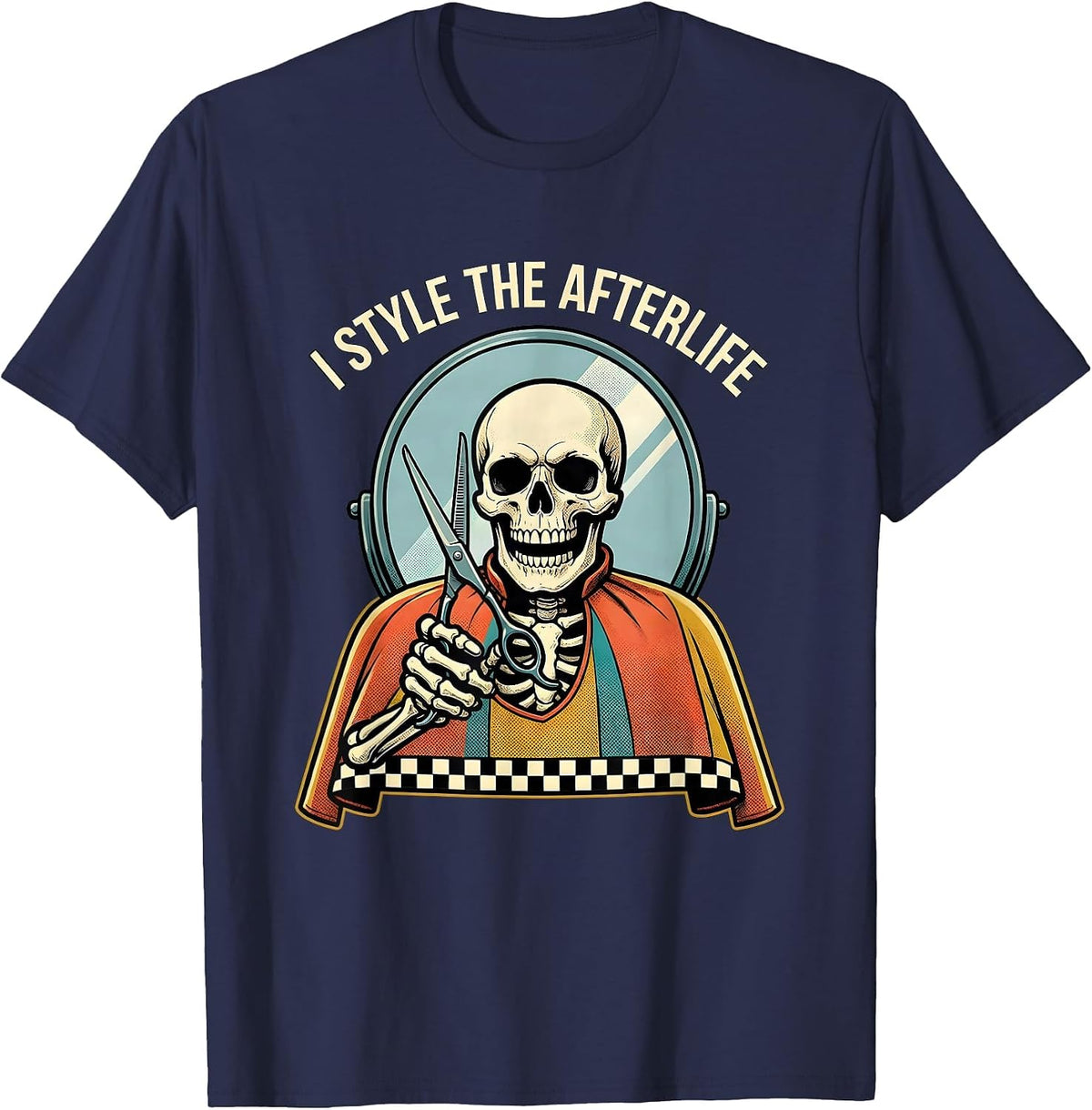 I Style The Afterlife Retro Advertising Skeleton Hairdresser T-Shirt - Navy Blue