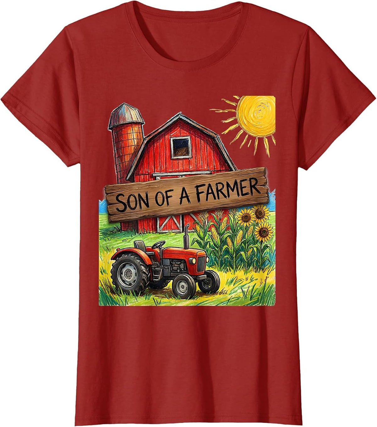 Women's Son of a Farmer Country Pride Graphic Design T-Shirt - Cranberry Red