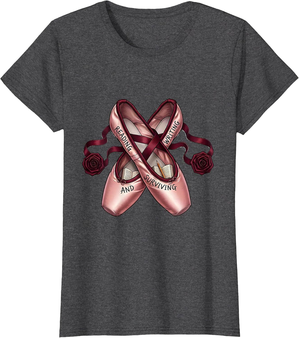 Women's Reading Writing and Surviving 4th Grade Teacher T-Shirt - Dark Heather Grey