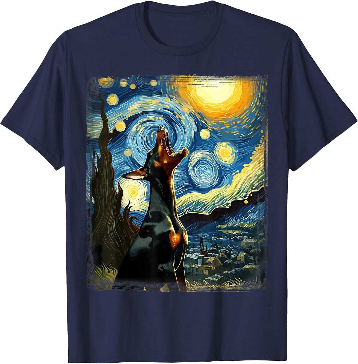 Doberman Pinscher Canine Art Van Gogh Starry Night Doberman T-Shirt - Navy Blue