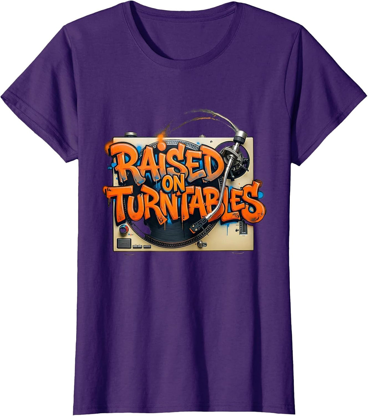 Women's Raised On Turntables Graffiti 90s Hip-Hop Rap Lyric T-Shirt - Purple