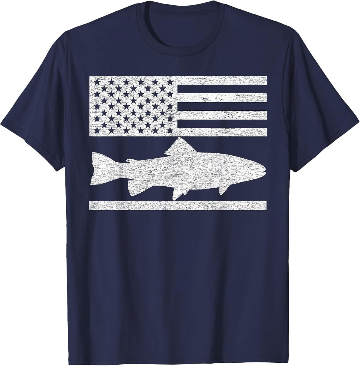Steelhead Fishing - American Flag Trout Fisherman T-Shirt - Navy Blue