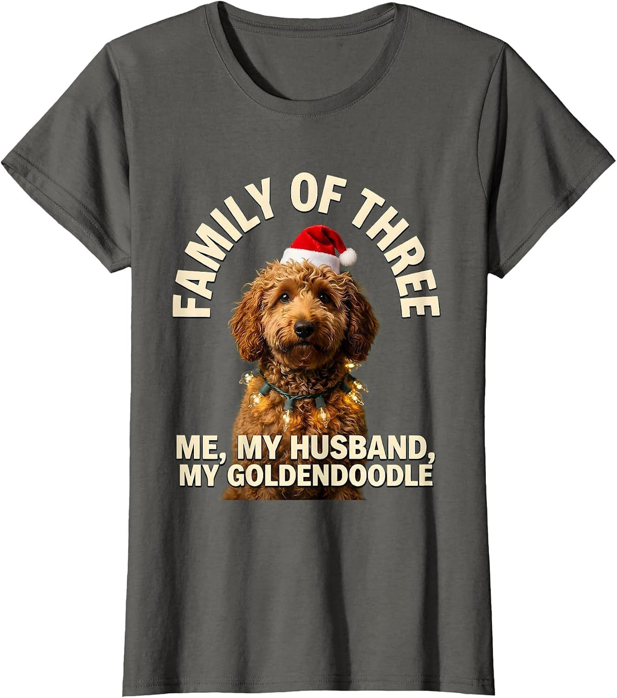Women's Family of Three: Me, My Husband, My Goldendoodle Christmas T-Shirt - Asphalt Grey