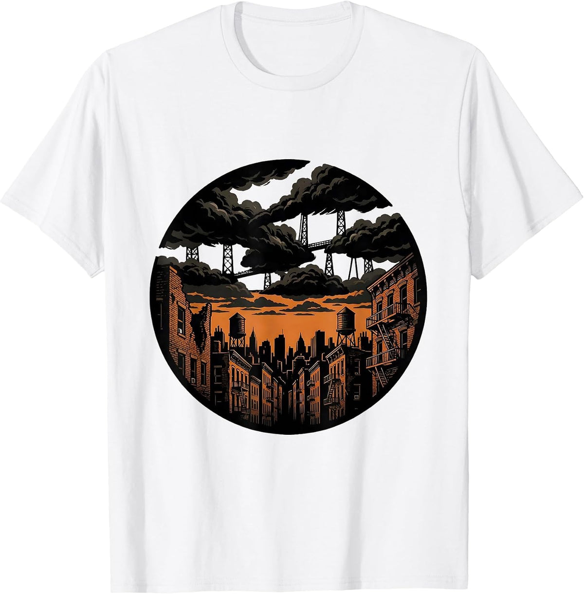 Men's Grunge Weathered Cityscape Stormy Sky Design T-Shirt - White