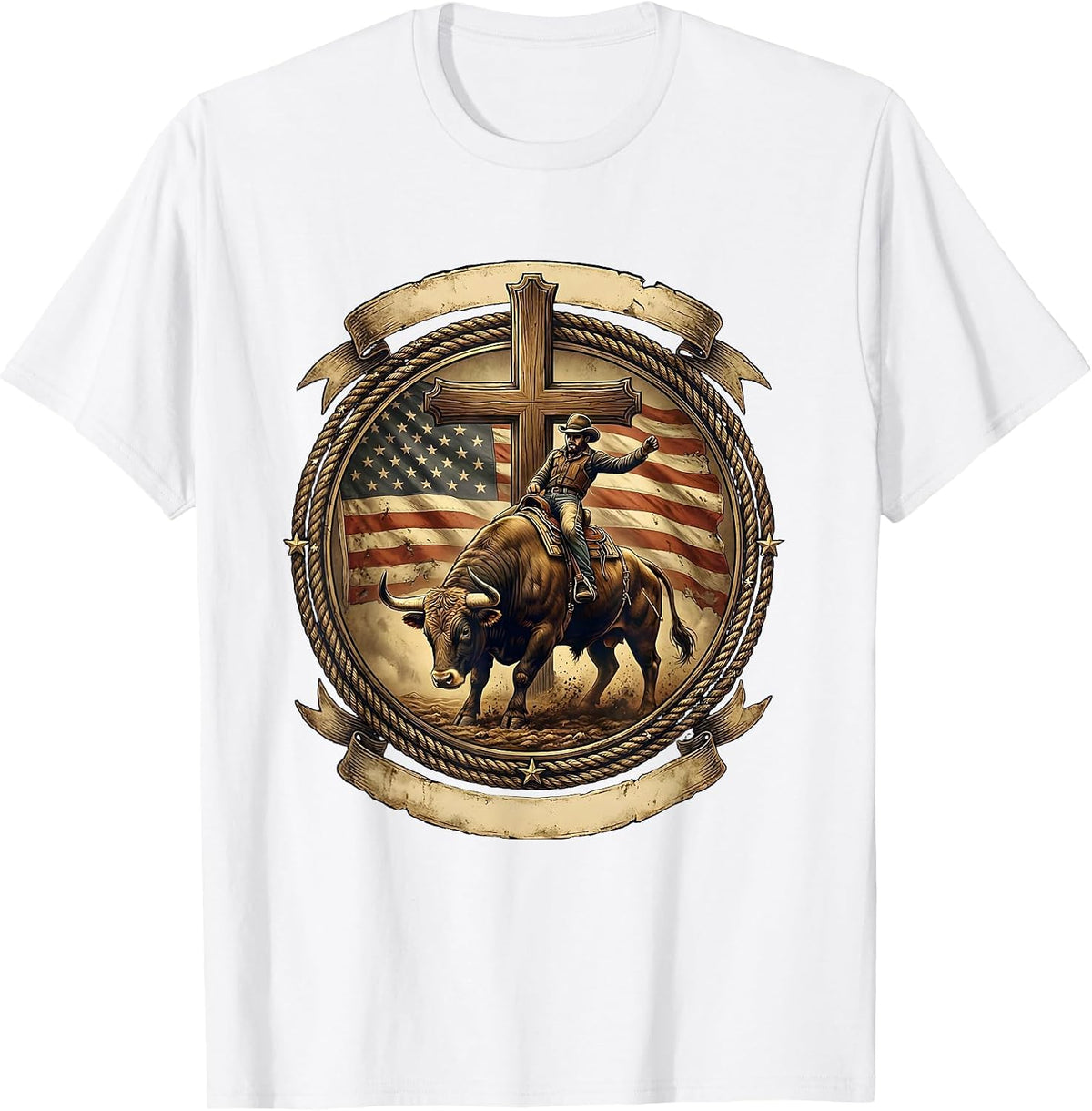 Men's Rodeo Bull Riding Graphic - USA Cowboy Bucking T-Shirt - White