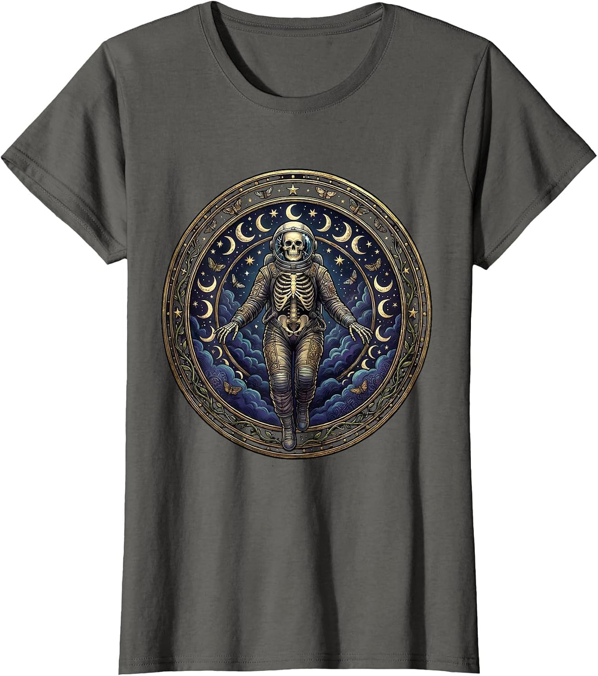 Women's Skeleton Astronaut Floating in Space Illustration T-Shirt - Asphalt Grey