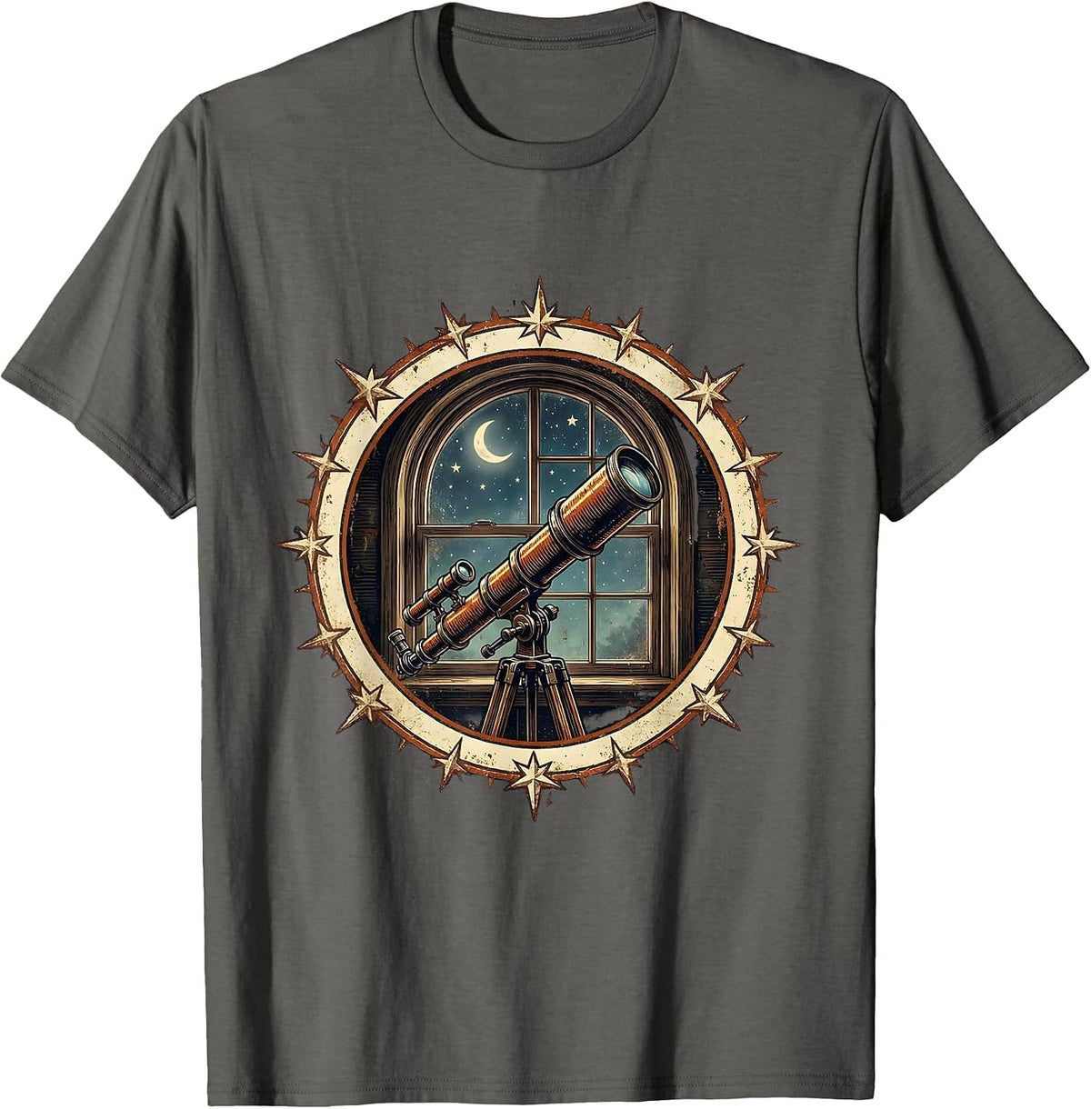 Men's College Dorm Room Telescope Stargazing Illustration T-Shirt - Asphalt Grey