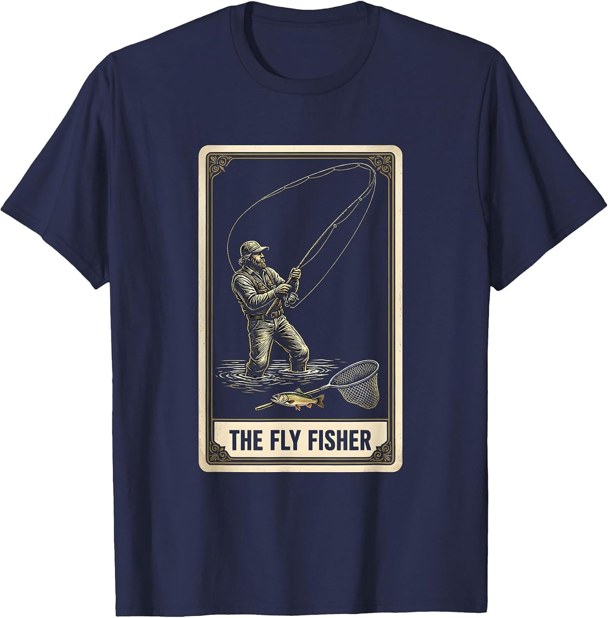Men's The Fly Fisher Tarot Card Vintage Fishing Gift T-Shirt - Navy Blue