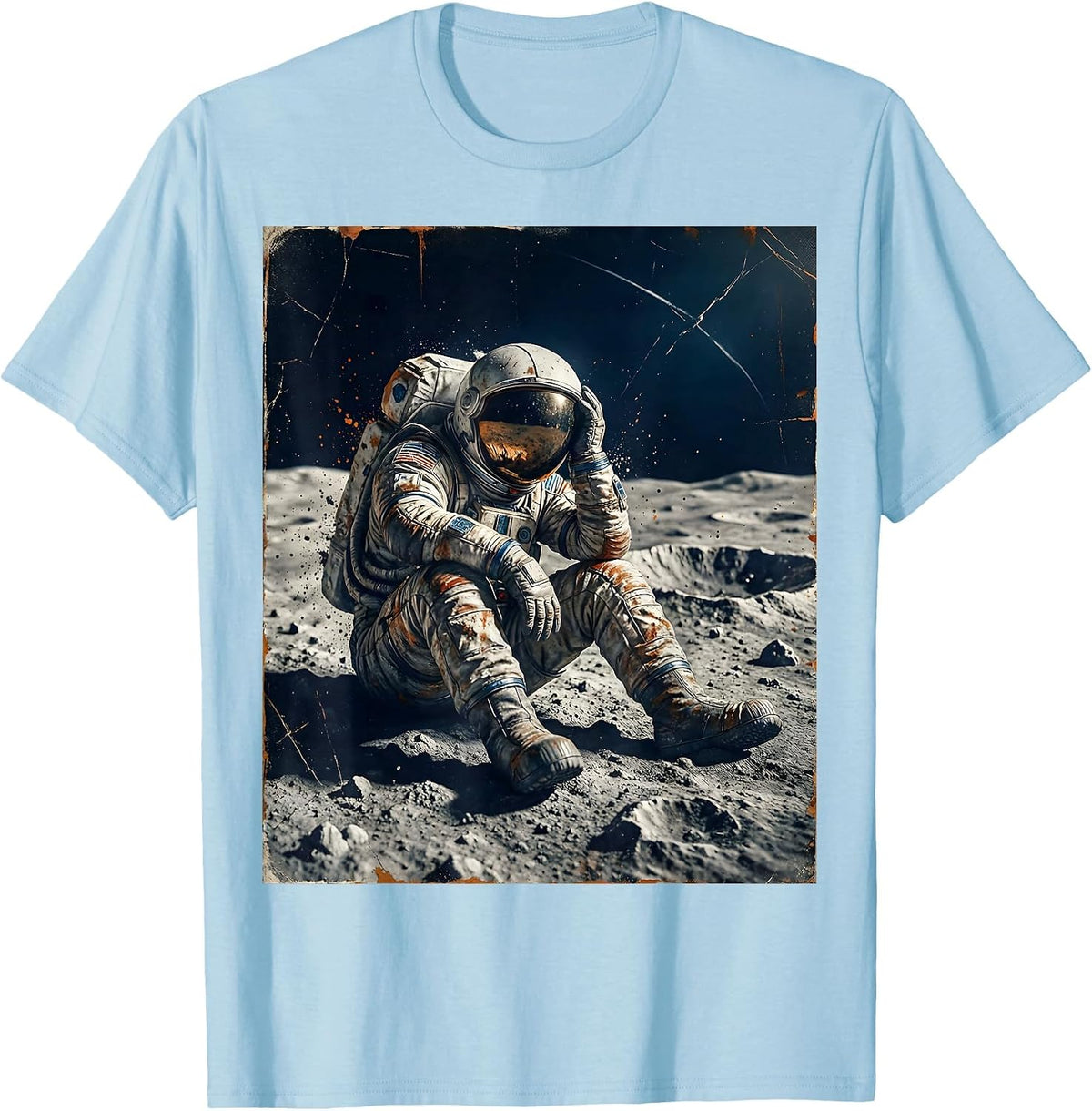 Men's Tired Astronaut Sitting on the Moon Surface T-Shirt - Baby Blue