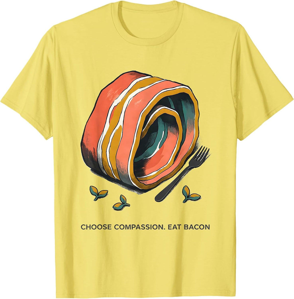 Men's Choose Compassion Eat Bacon Midcentury Modern Carnivore Diet T-Shirt - Lemon Yellow
