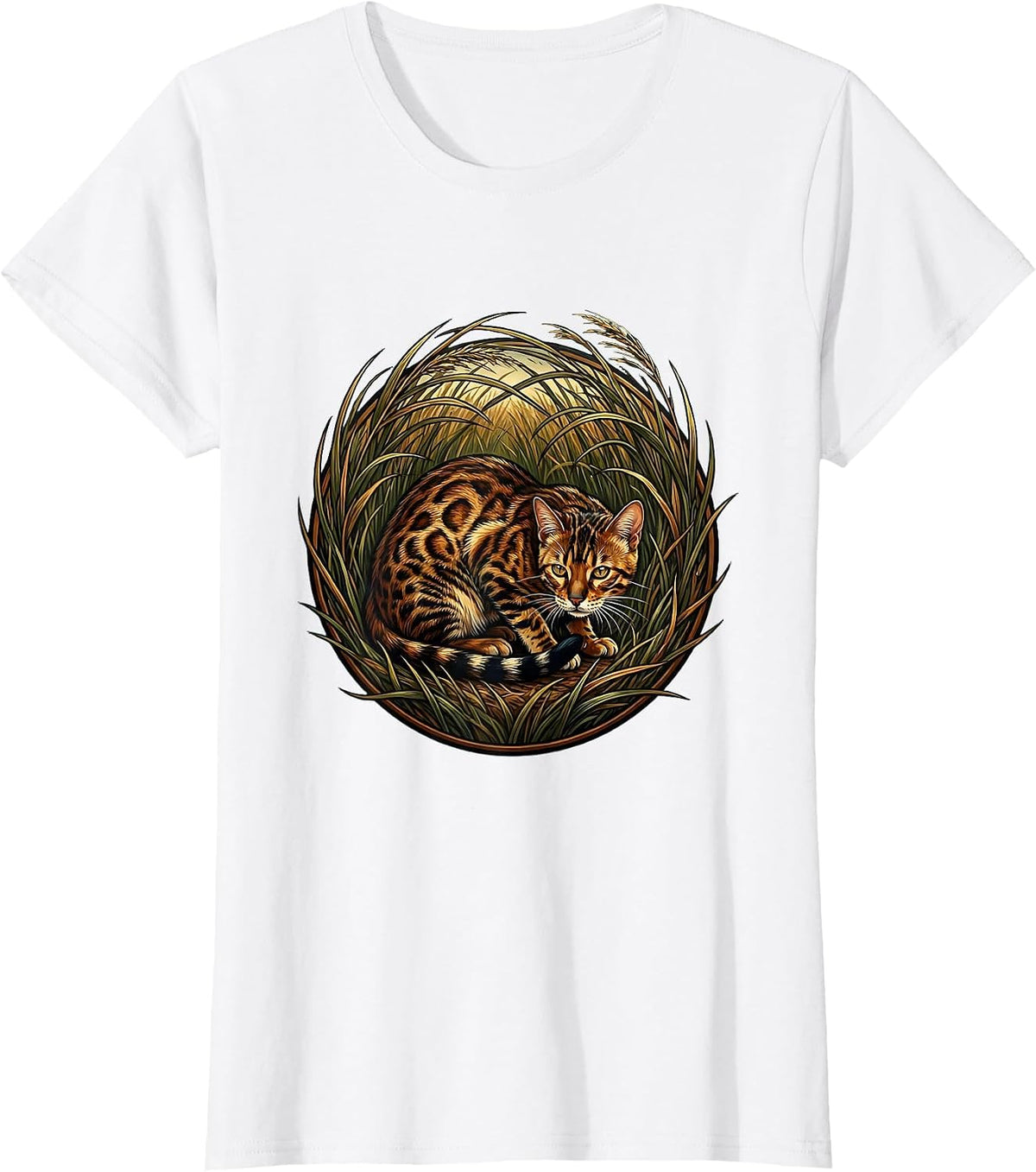 Women's Bengal Cat Stalking Through Tall Grass Illustration T-Shirt - White
