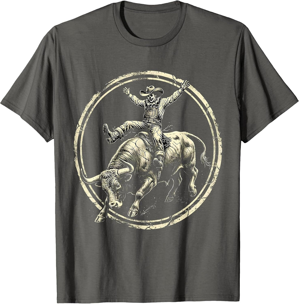 Rodeo Clown Dodging Charging Bull Graphic T-Shirt - Asphalt Grey