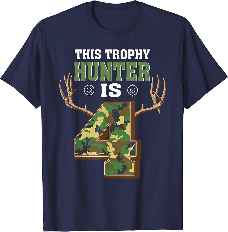 4 Year Old Hunting 4th Birthday Party Deer Hunter T-Shirt - Navy Blue