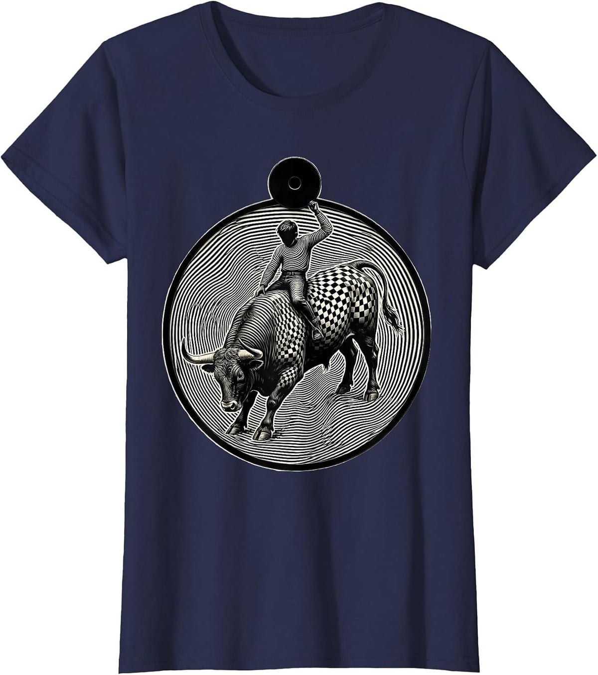 Women's Dot Boys Round Head Boy Bull Riding Rodeo T-Shirt - Navy Blue