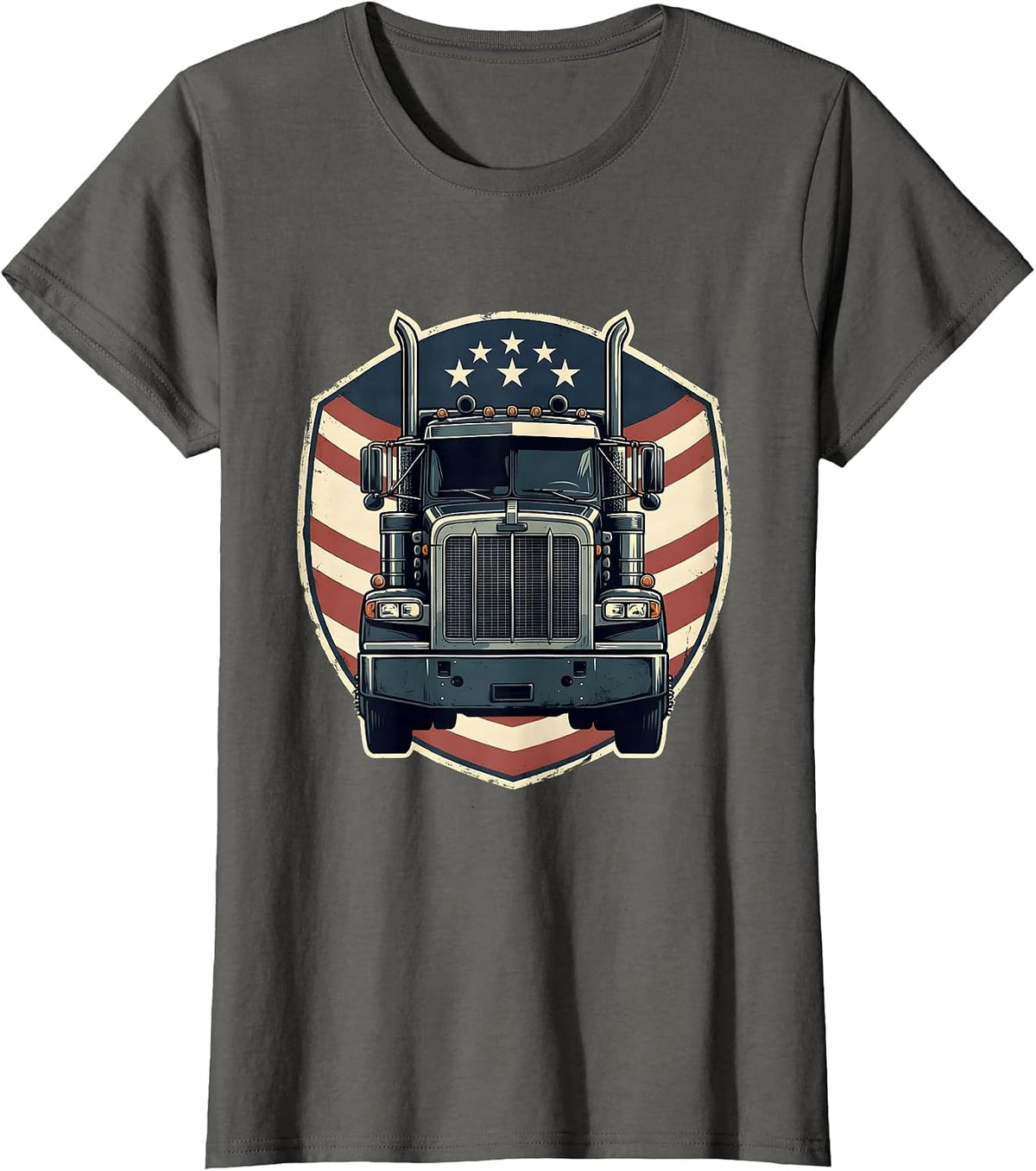 Women's Semi Truck Crest American Flag Patriotic Driver T-Shirt - Asphalt Grey