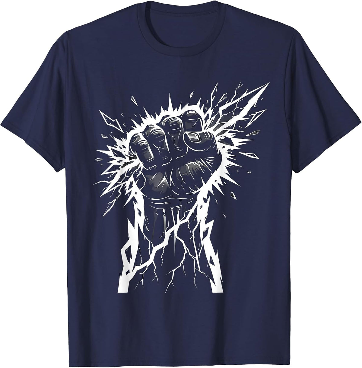 Iron Fist Crushing Lightning Bolt Metal Graphic T-Shirt - Navy Blue