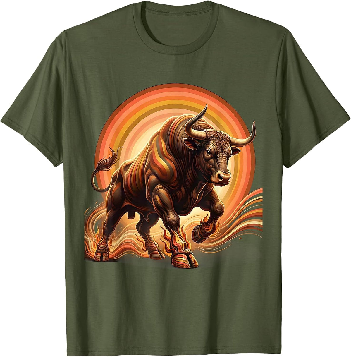 Men's Flaming Bull Rodeo Charging Beast Graphic Tee T-Shirt - Olive Green