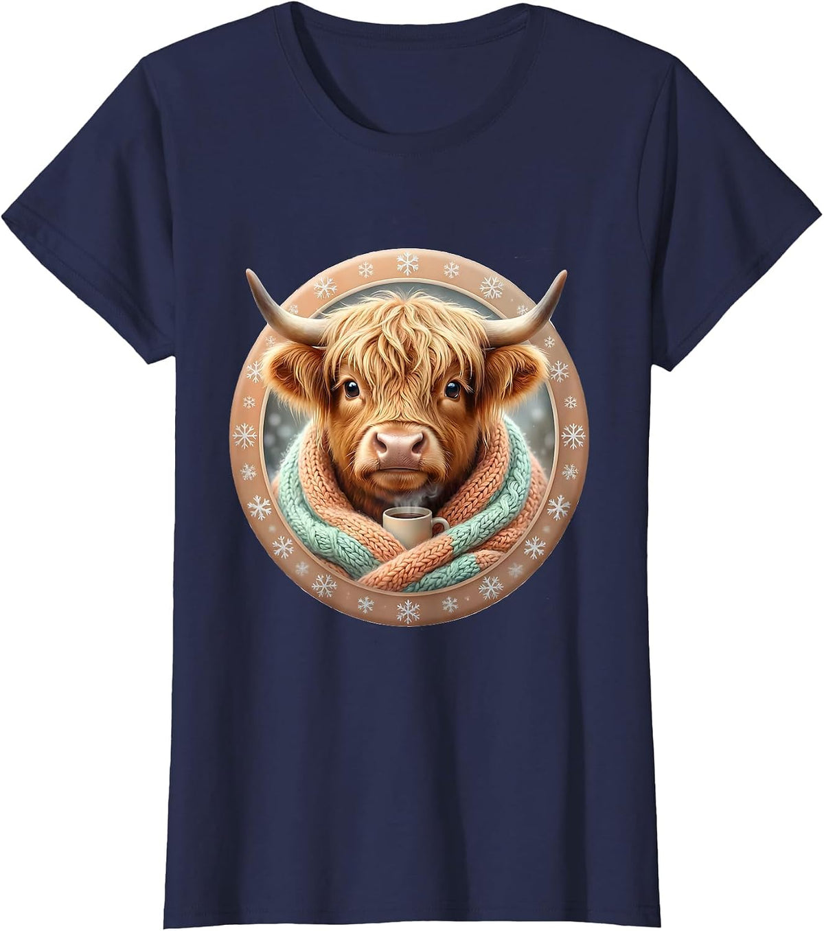 Women's Cute Kawaii Highland Cow Christmas Cozy Gift T-Shirt - Navy Blue